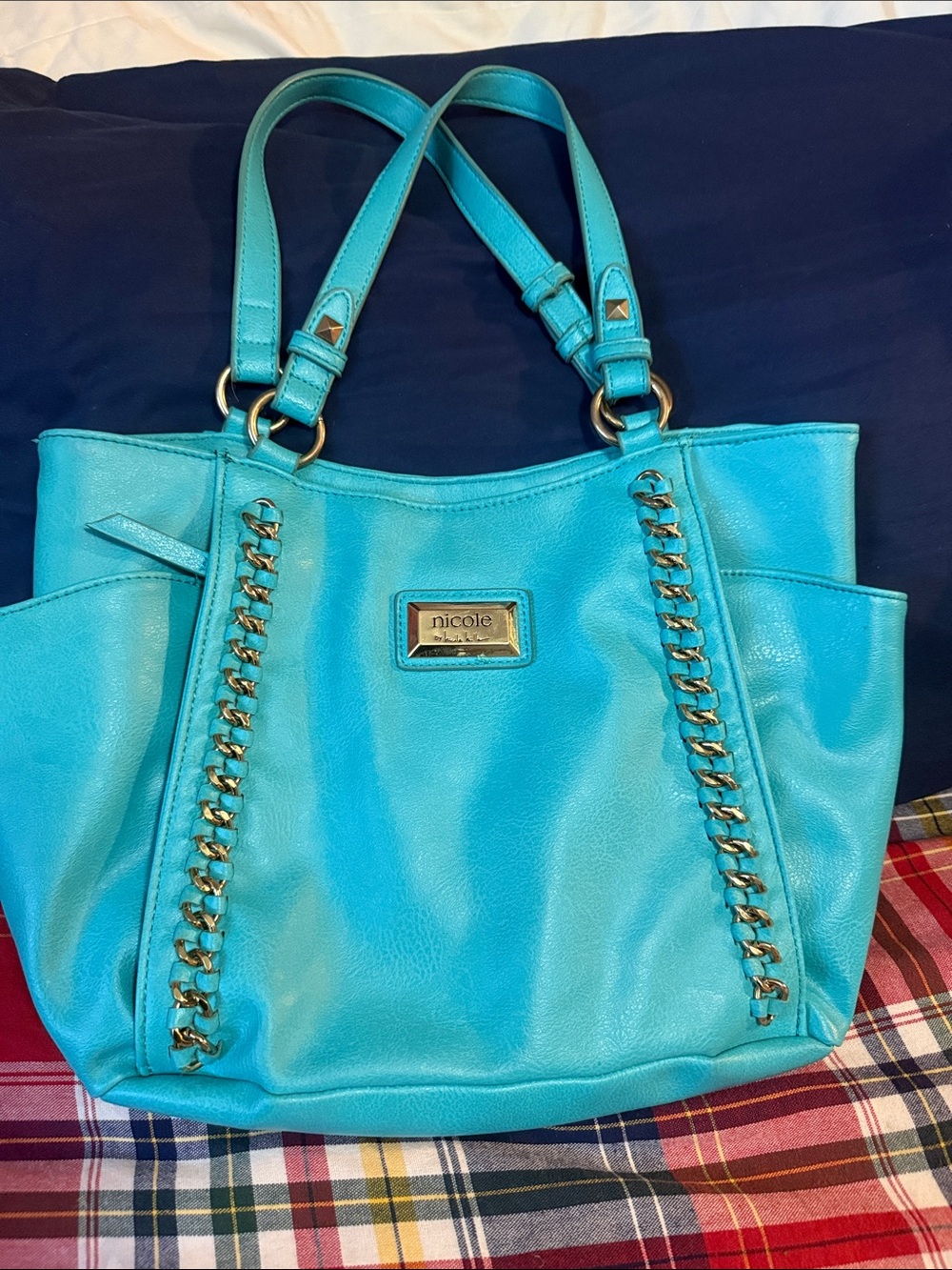 Nicole by Nicole Miller Turquoise Faux-Leather Tote with Gold Chain Trim